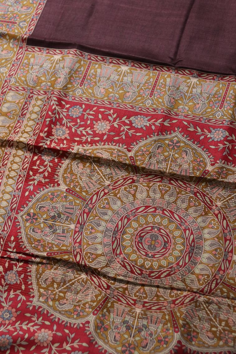 Party Wear Tusser Silk Saree in Maroon-red with Printed Accents view 2