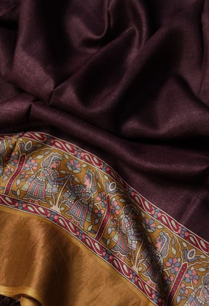 Party Wear Tusser Silk Saree in Maroon-red with Printed Accents