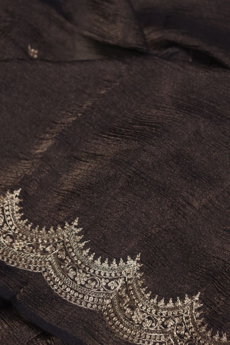 Elegant Organza Saree in Charcoal Black with Subtle Floral Detailing view 3