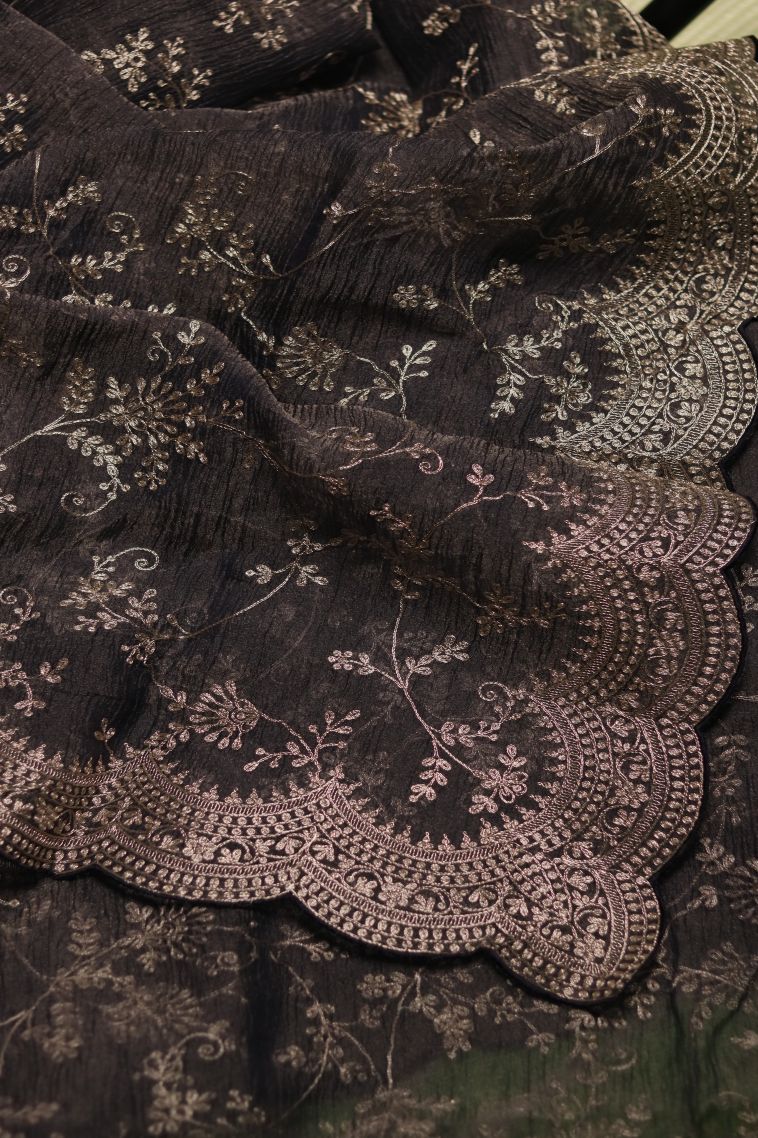 Elegant Organza Saree in Charcoal Black with Subtle Floral Detailing view 2
