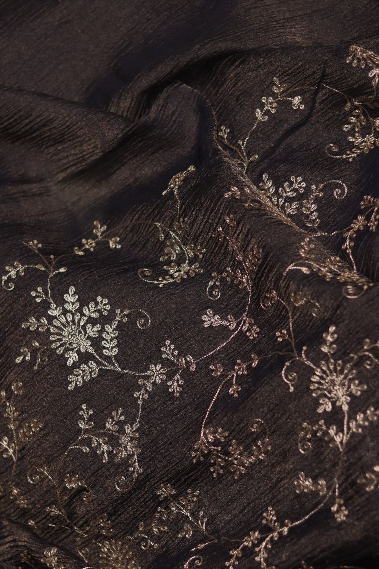 Elegant Organza Saree in Charcoal Black with Subtle Floral Detailing view 4