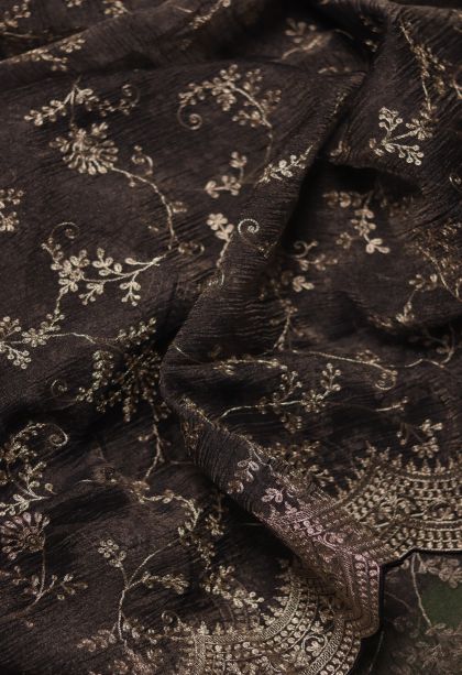 Elegant Organza Saree in Charcoal Black with Subtle Floral Detailing