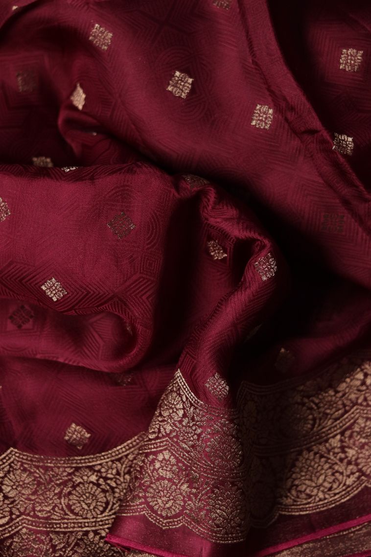 Elegant Maroon-red Banarasi Saree with Subtle Buti Detailing view 4