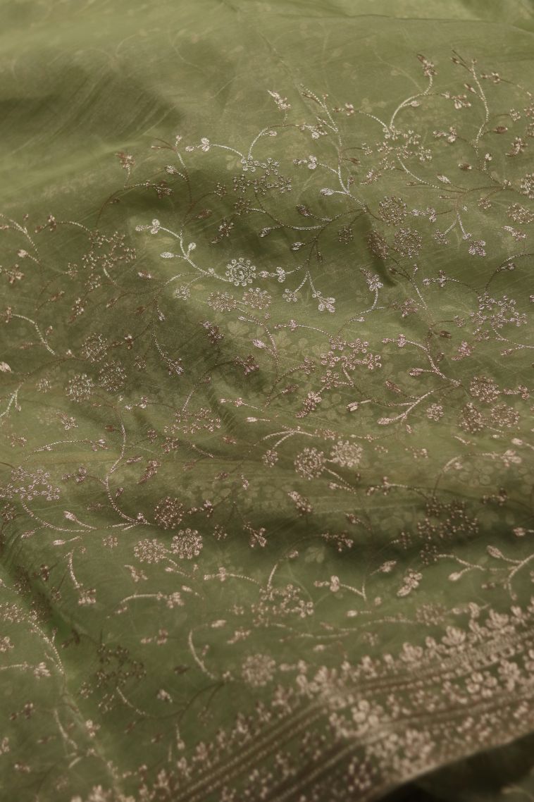Elegant Moss Green Organza Saree with Subtle Floral Detailing view 4