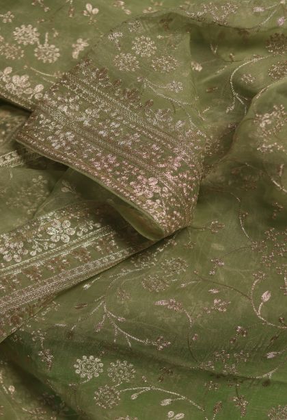 Elegant Moss Green Organza Saree with Subtle Floral Detailing