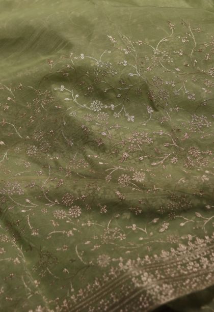 Elegant Moss Green Organza Saree with Subtle Floral Detailing