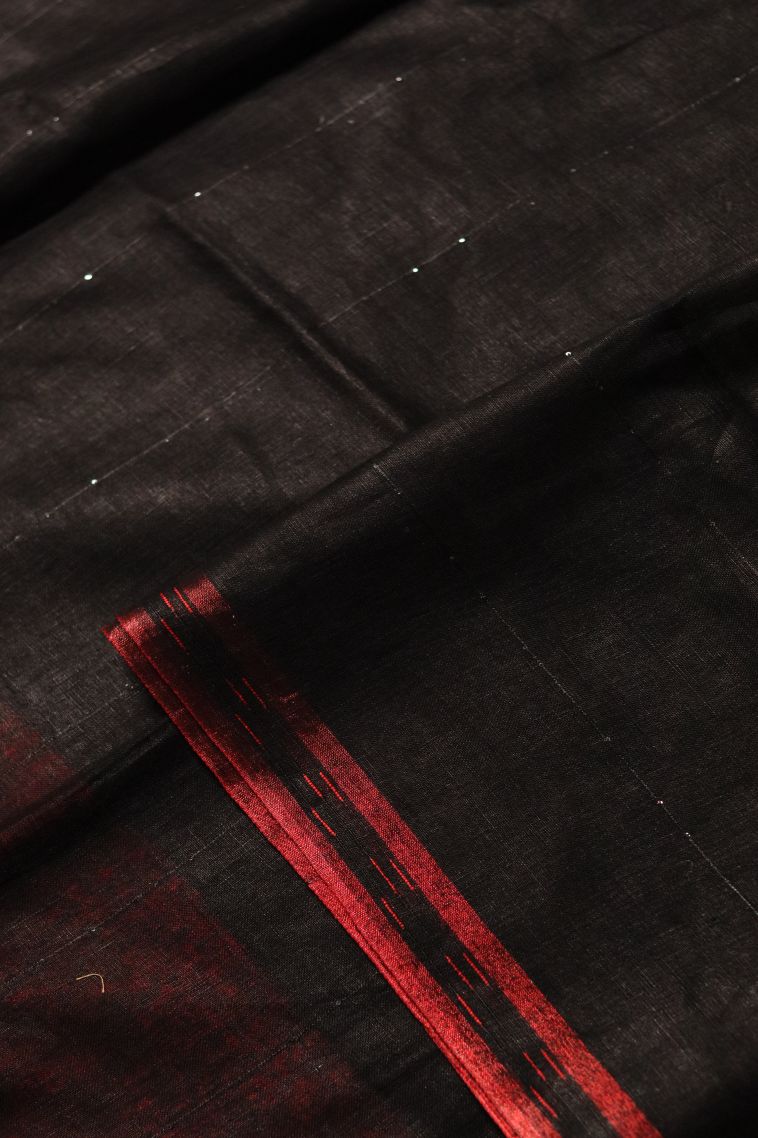 Linen Saree in Black with Woven Accents view 4