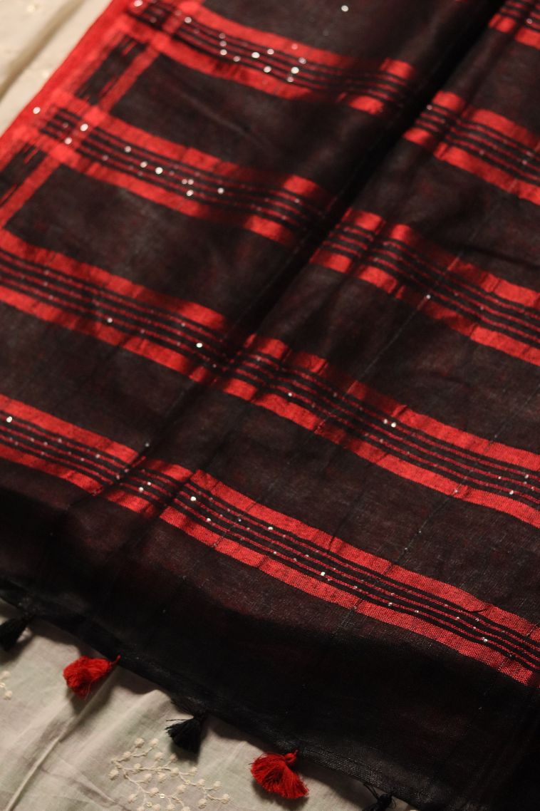 Linen Saree in Black with Woven Accents view 2