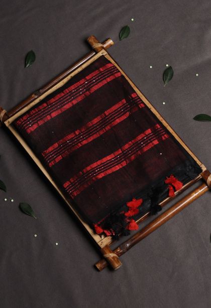 Linen Saree in Black with Woven Accents