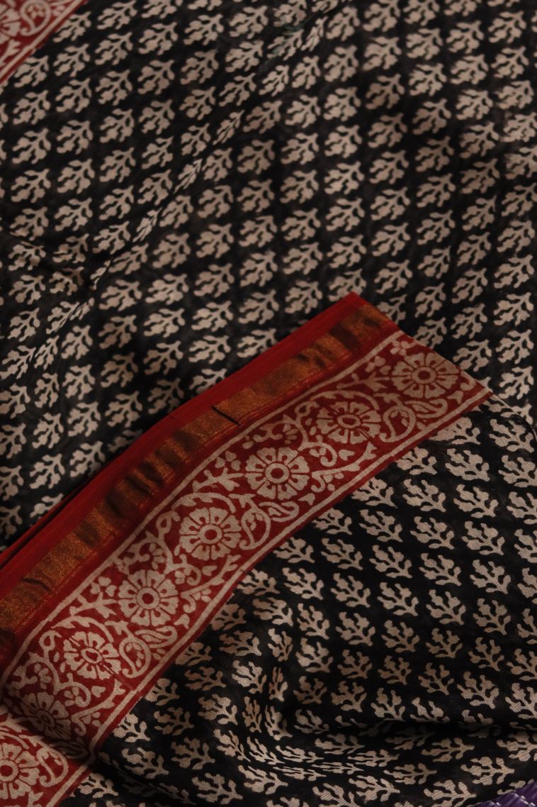 Modern Chanderi Saree in Black with Designer Maroon-Red Floral Motifs Border view 1
