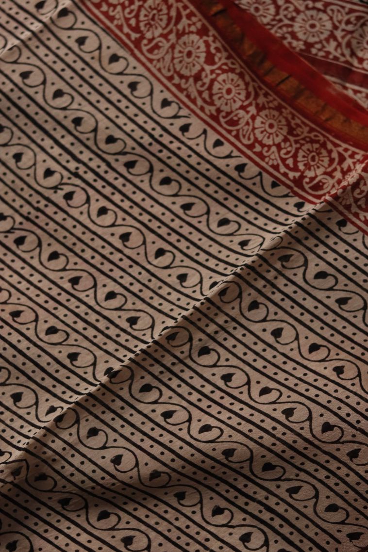 Modern Chanderi Saree in Black with Designer Maroon-Red Floral Motifs Border view 3