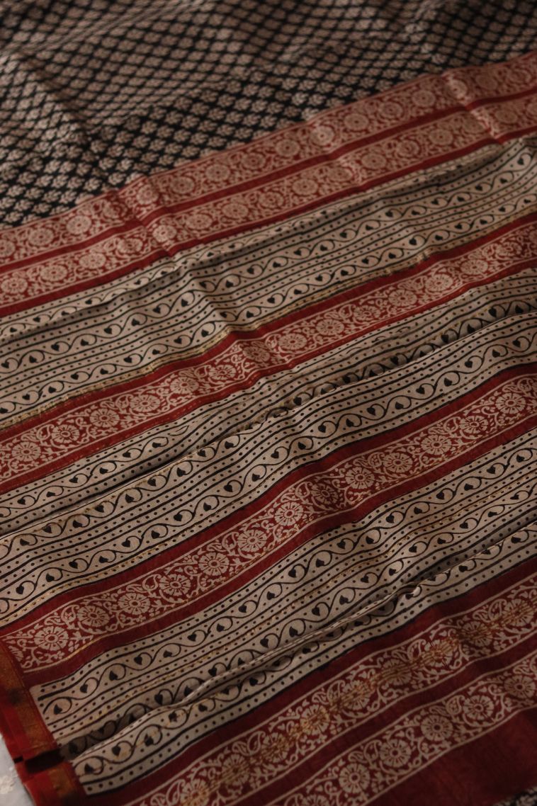 Modern Chanderi Saree in Black with Designer Maroon-Red Floral Motifs Border view 2