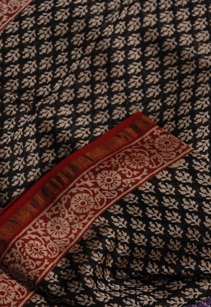 Modern Chanderi Saree in Black with Designer Maroon-Red Floral Motifs Border