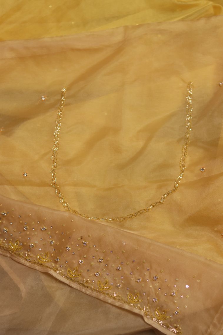 Party Wear Organza Saree in Golden Yellow with Embroidery Accents view 3