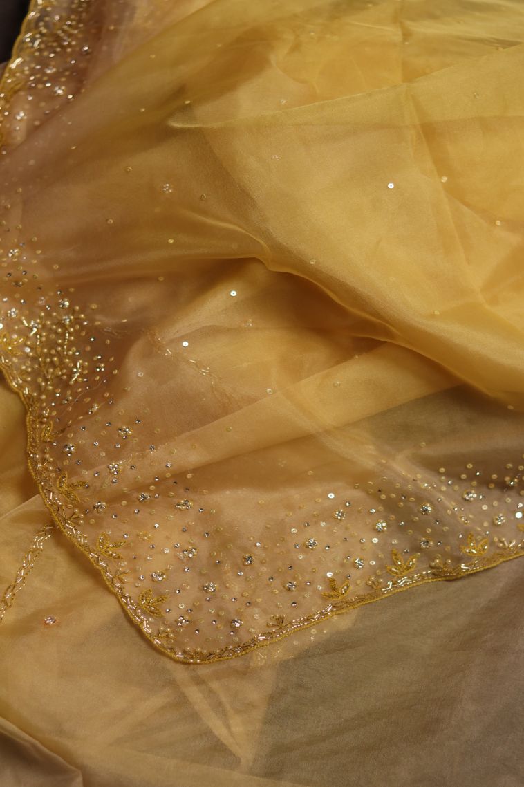 Party Wear Organza Saree in Golden Yellow with Embroidery Accents view 2