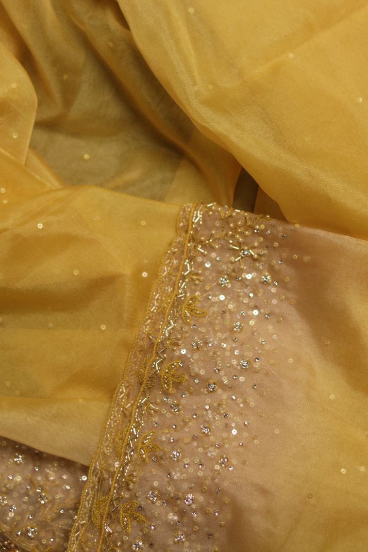 Party Wear Organza Saree in Golden Yellow with Embroidery Accents view 4