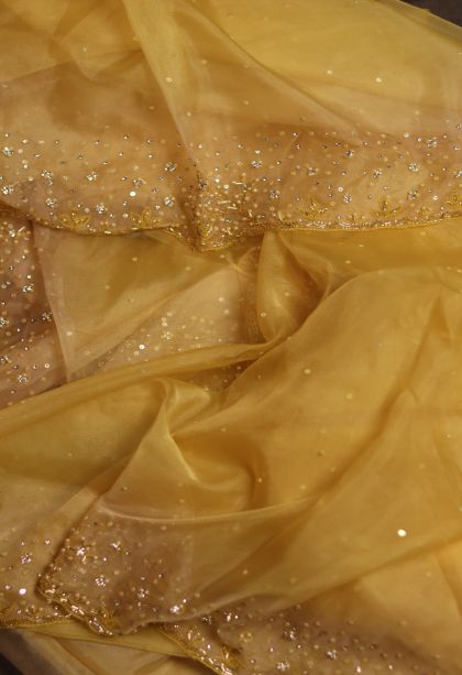 Party Wear Organza Saree in Golden Yellow with Embroidery Accents