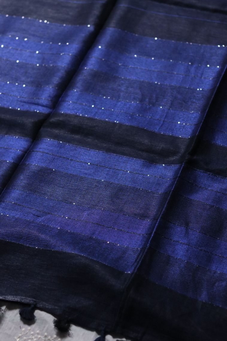 Linen Saree in Navy Blue Shade with Stripes Finish view 2