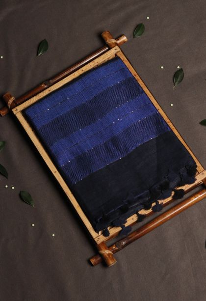 Linen Saree in Navy Blue Shade with Stripes Finish