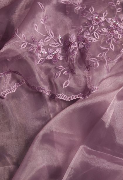 Designer Organza Saree in Antique Lavender with Elegant Floral Border